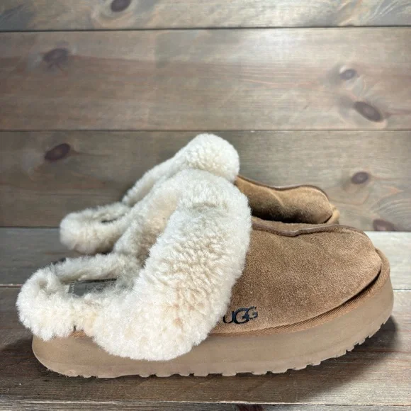 ugg disquette womens size 8 shoes brown suede shearling platform slippers - Picture 2 of 9